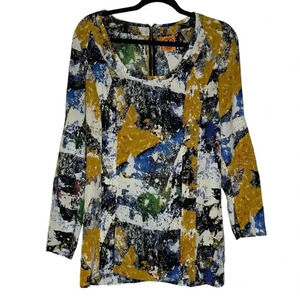 Tory Burch 100% Silk Tunic Long Sleeve Multi-color Abstract Blouse Size 6